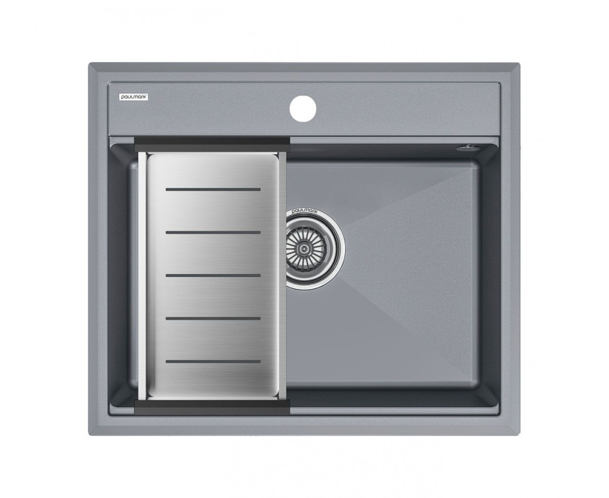 Комплект кухонная мойка Paulmark Stepia 60 590*510 мм + коландер Advance PM115951-GRM+A375-BS (серый металлик)