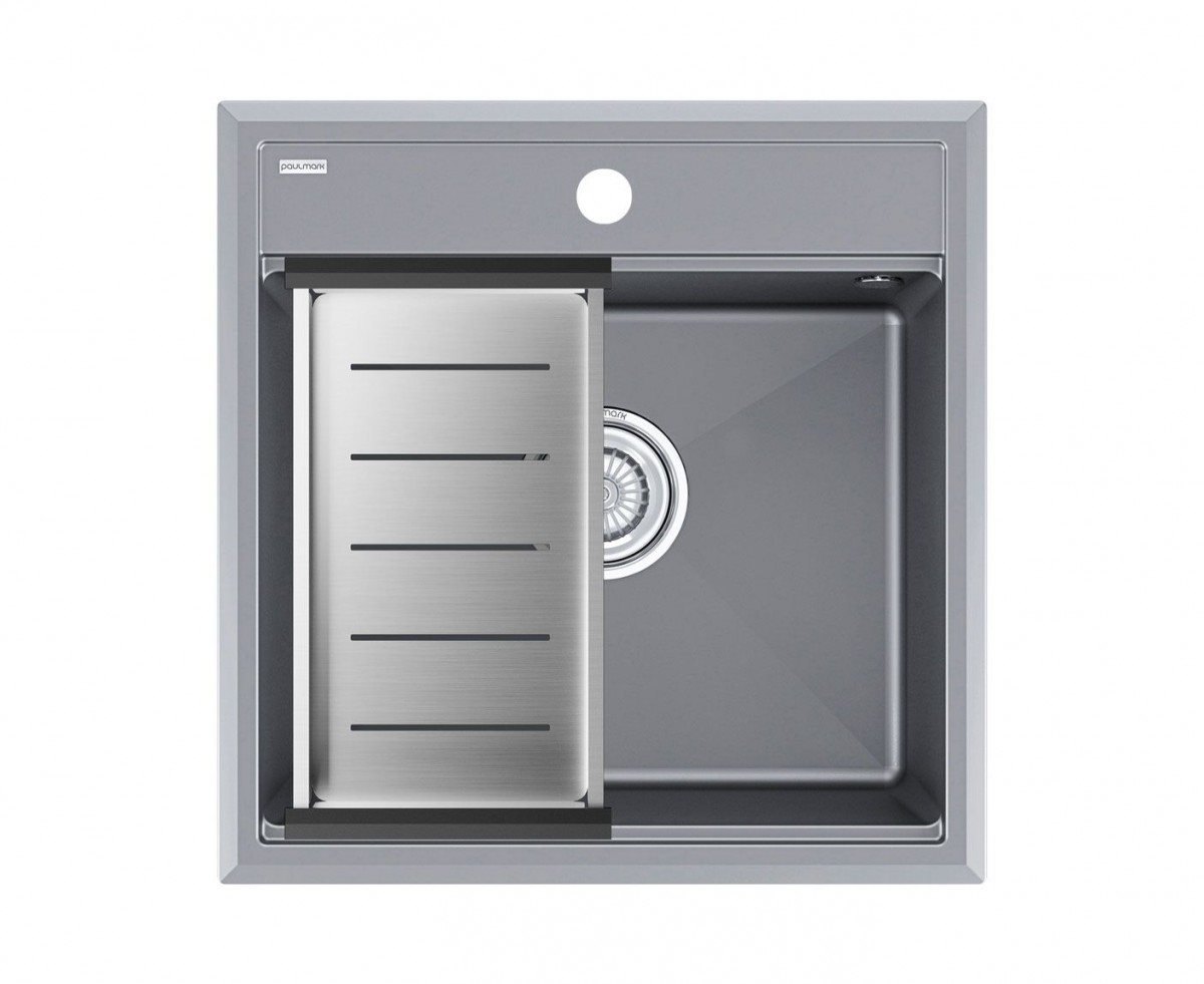 Комплект кухонная мойка Paulmark Stepia 50 500*510 мм + коландер Advance PM115051-GRM+A375-BS (серый металлик)